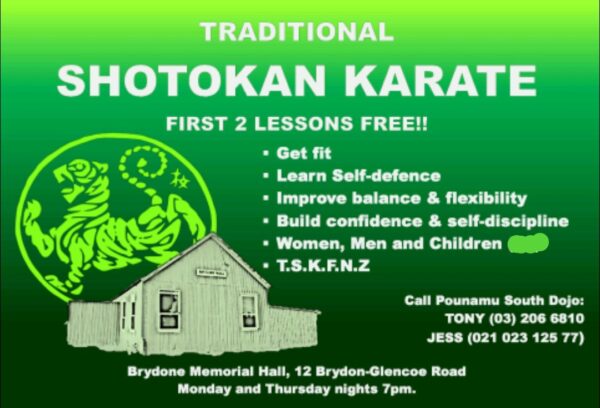 Tony (03) 2066 810 or 027 216 7841 or Jess 02102312577 — TSKFNZ Pounamu South Dojo, instructors in Brydone